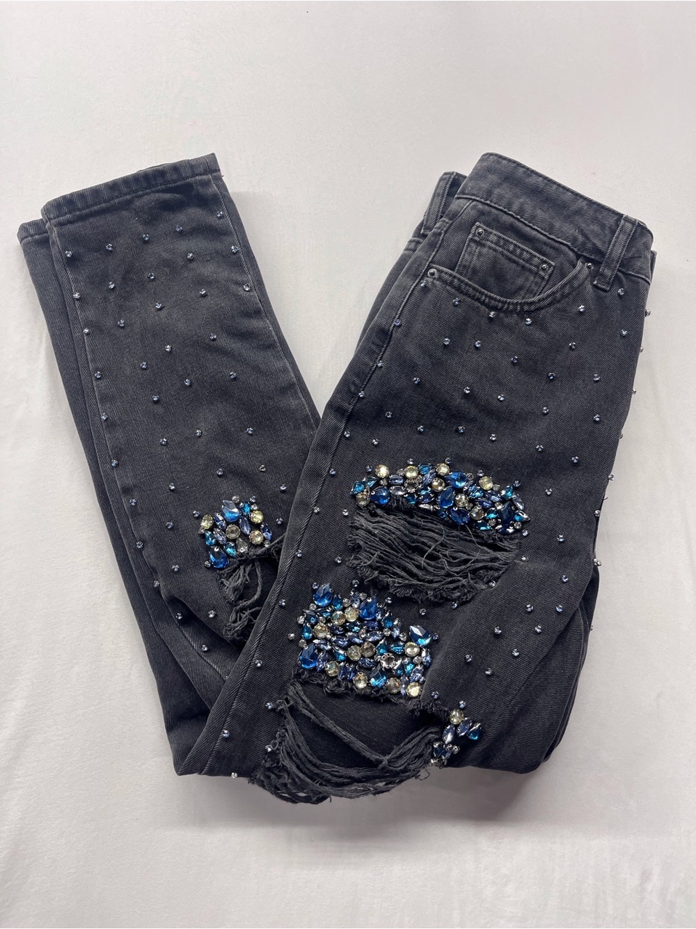 Topshop Moto Mom Jeans W25 L30 Black Embellished Rhinestone Distressed